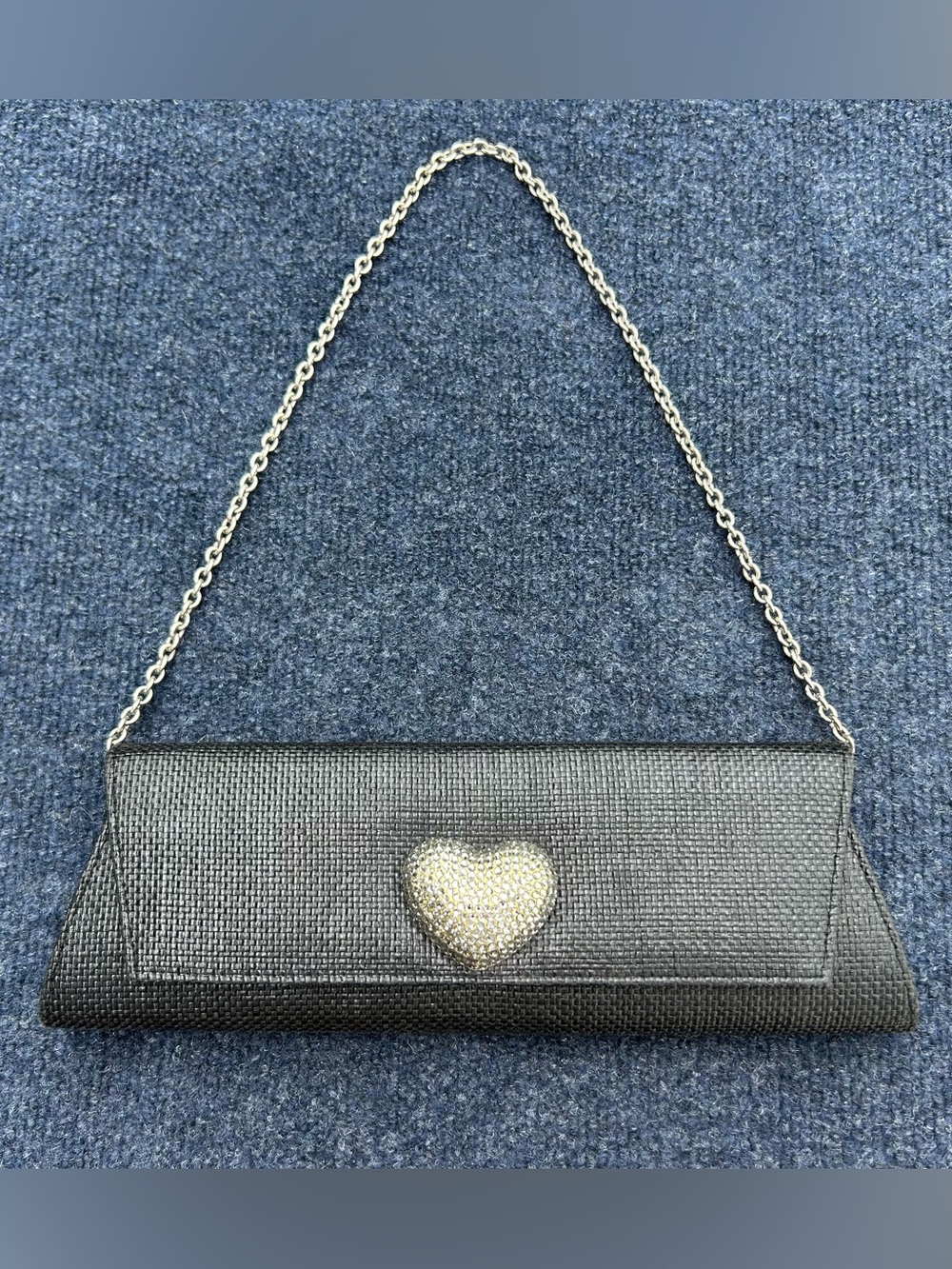 Gita Costa for Eliza Gray Black Woven Clutch with Crystal Heart Silver Chain EUC